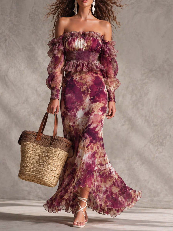 Abito Maxi in Chiffon Rosa con Spalle Scoperte