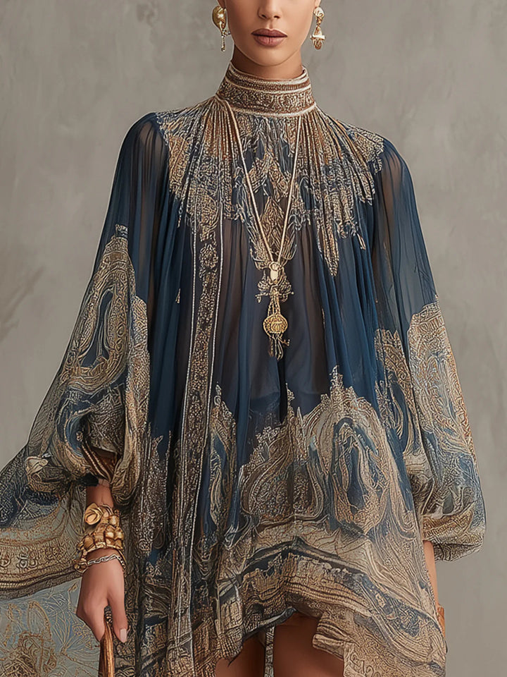 Abito Mini in Chiffon con Stampa Barocca Blu Navy