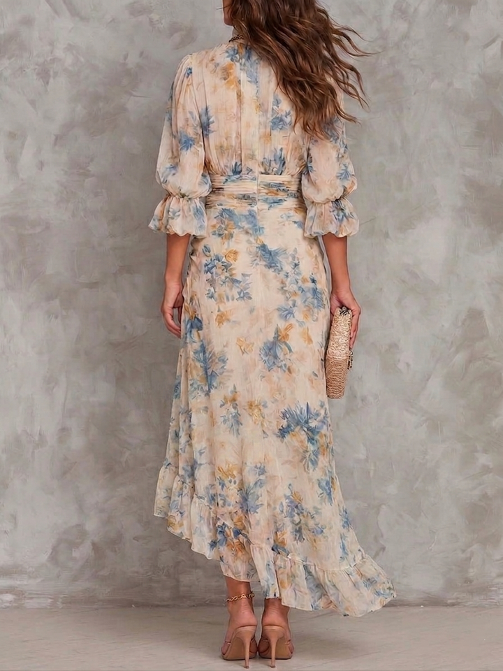 Abito Maxi in Chiffon Irregolare con Stampa Floreale