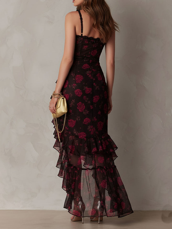 Abito Chic Nero e Rosso con Fiori e Rouches