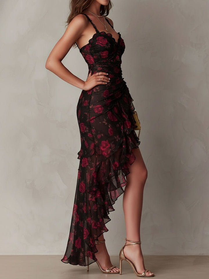 Abito Chic Nero e Rosso con Fiori e Rouches